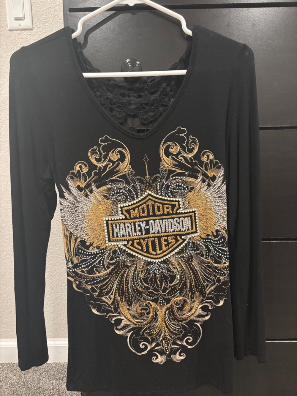 Harley-Davidson Black Long-Sleeve V-Neck Top with Gold and Silver Winged Emblem